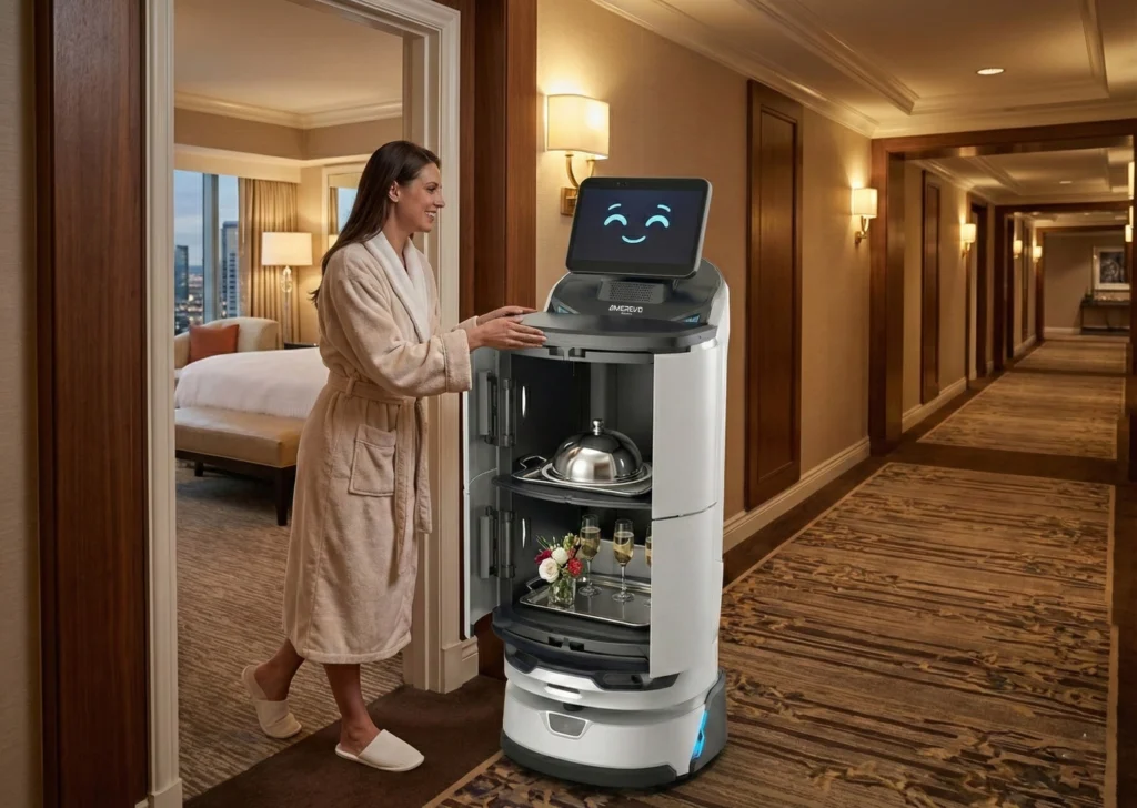 Huésped recogiendo su pedido del LuckiBot Autodoor en un hotel