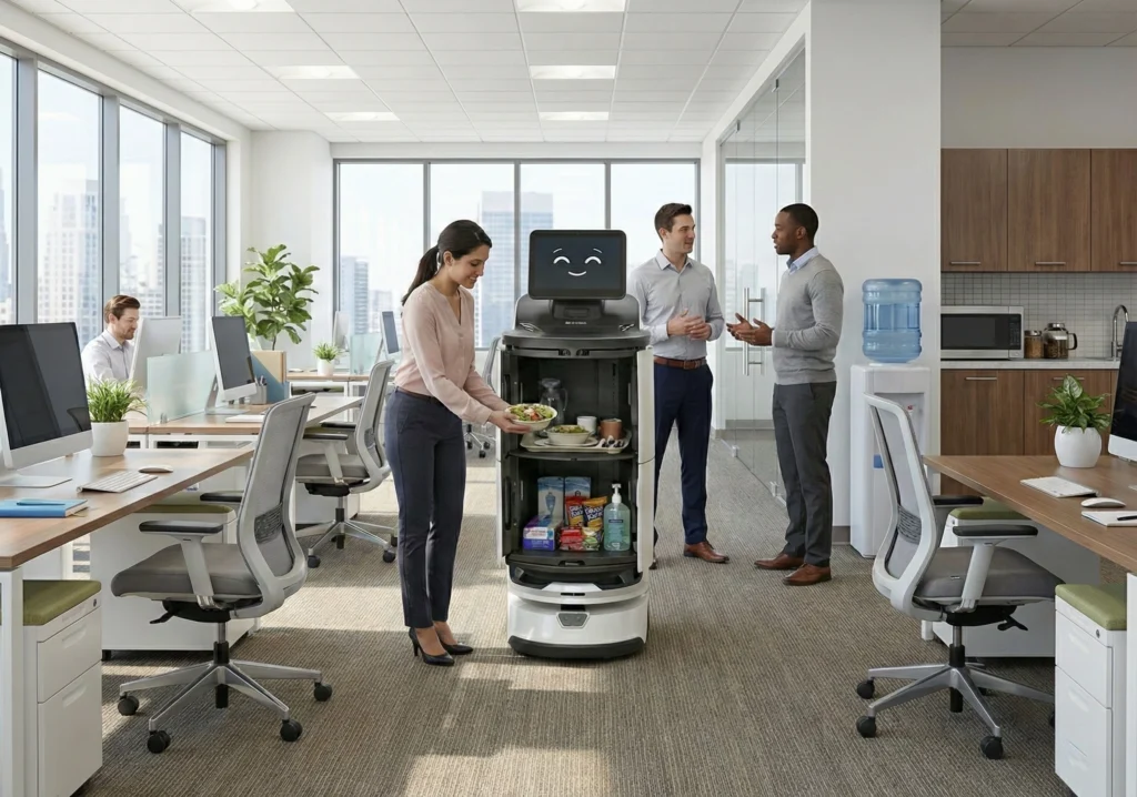 Robot de entregas LuckiBot Autodoor con comida y bebidas en una oficina abierta con tres empleados
