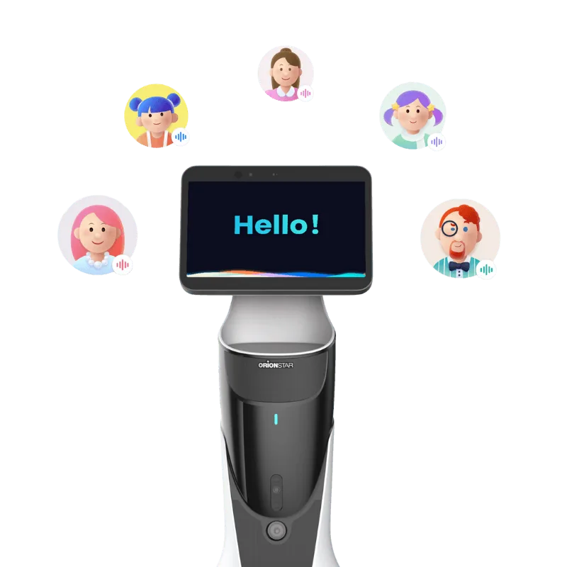 Robot ChillBot MINI saludando con un Hello en su pantalla rodeado de iconos de personas de distintos países