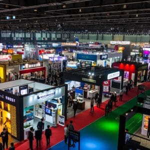 Feria comercial llena de visitantes