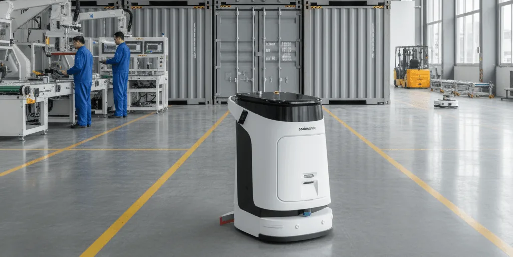 Robot de limpieza recorriendo el suelo de una nave industrial con líneas de producción