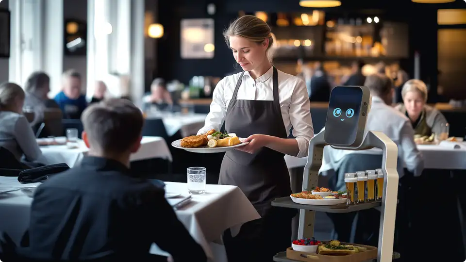 Camarera sirviendo un plato a un cliente mientras un robot camarero espera con el resto del pedido