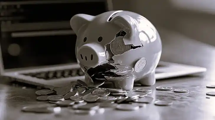 Hucha rota con monedas sobre una mesa de oficina