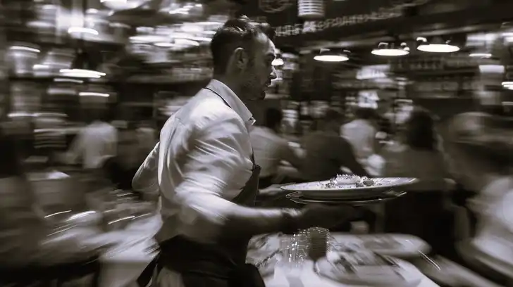 Camarero llevando platos en un restaurante con mucho trabajo