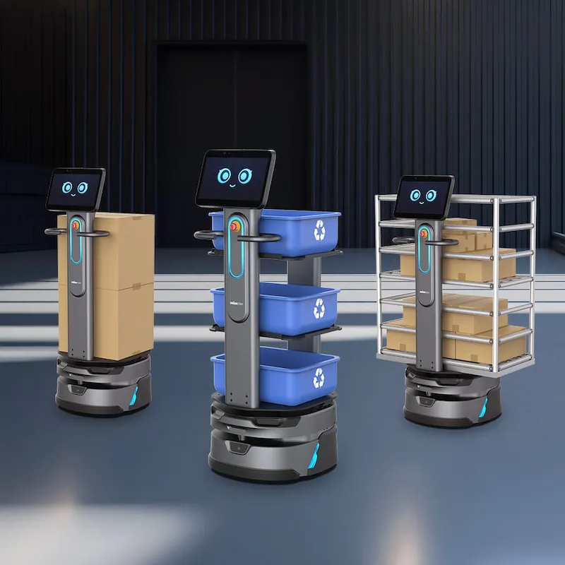 Tres configuraciones del robot AMR CarryBot: plataforma, bandejas y estantería