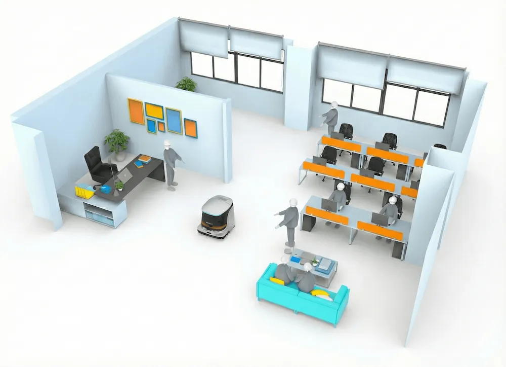Robots de limpieza de Amerevo trabajando en una empresa
