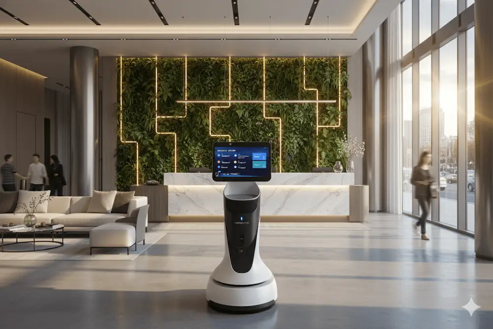 ChillBot MINI atendiendo a huéspedes en la recepción de un hotel