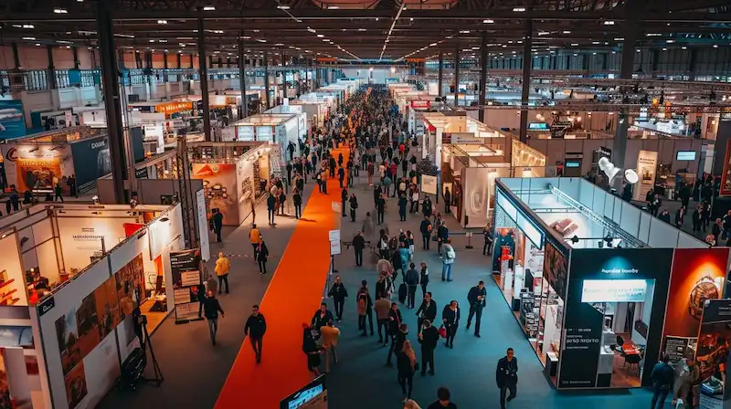 Pasillo de un pabellón de feria con stands a ambos lados y visitantes