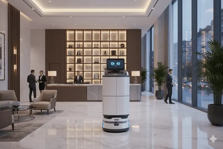 LuckiBot Autodoor llevando un pedido de room service por el vestíbulo de un hotel