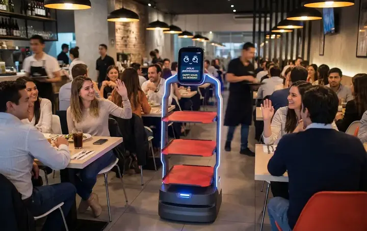 Robot camarero LuckiBot sirviendo en un restaurante lleno de clientes