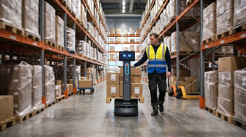 Operario acompañando a un robot AMR CarryBot cargado de cajas por el pasillo de un almacén