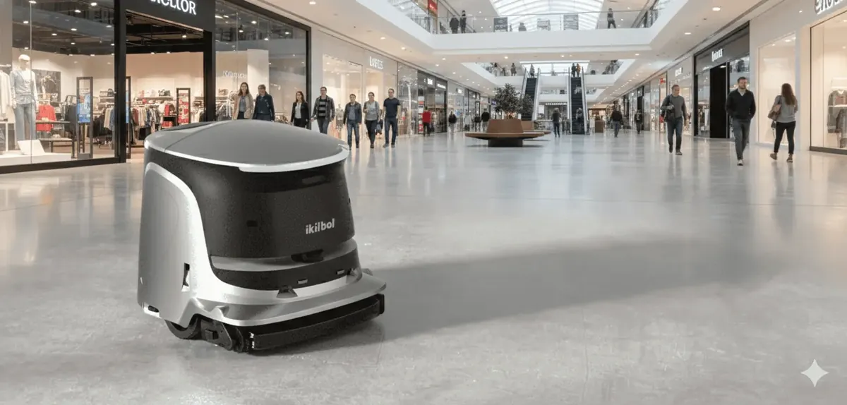 Robot de limpieza Amerevo ONE fregando el suelo de un centro comercial