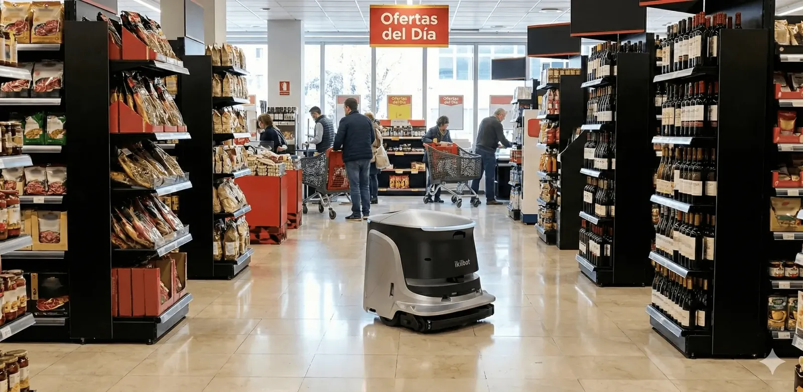 Amerevo ONE fregando el pasillo de un supermercado