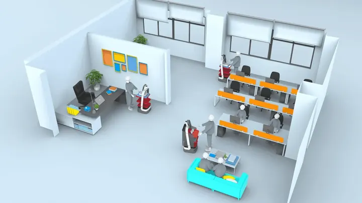 Ilustración de varios robots trabajando juntos en una oficina