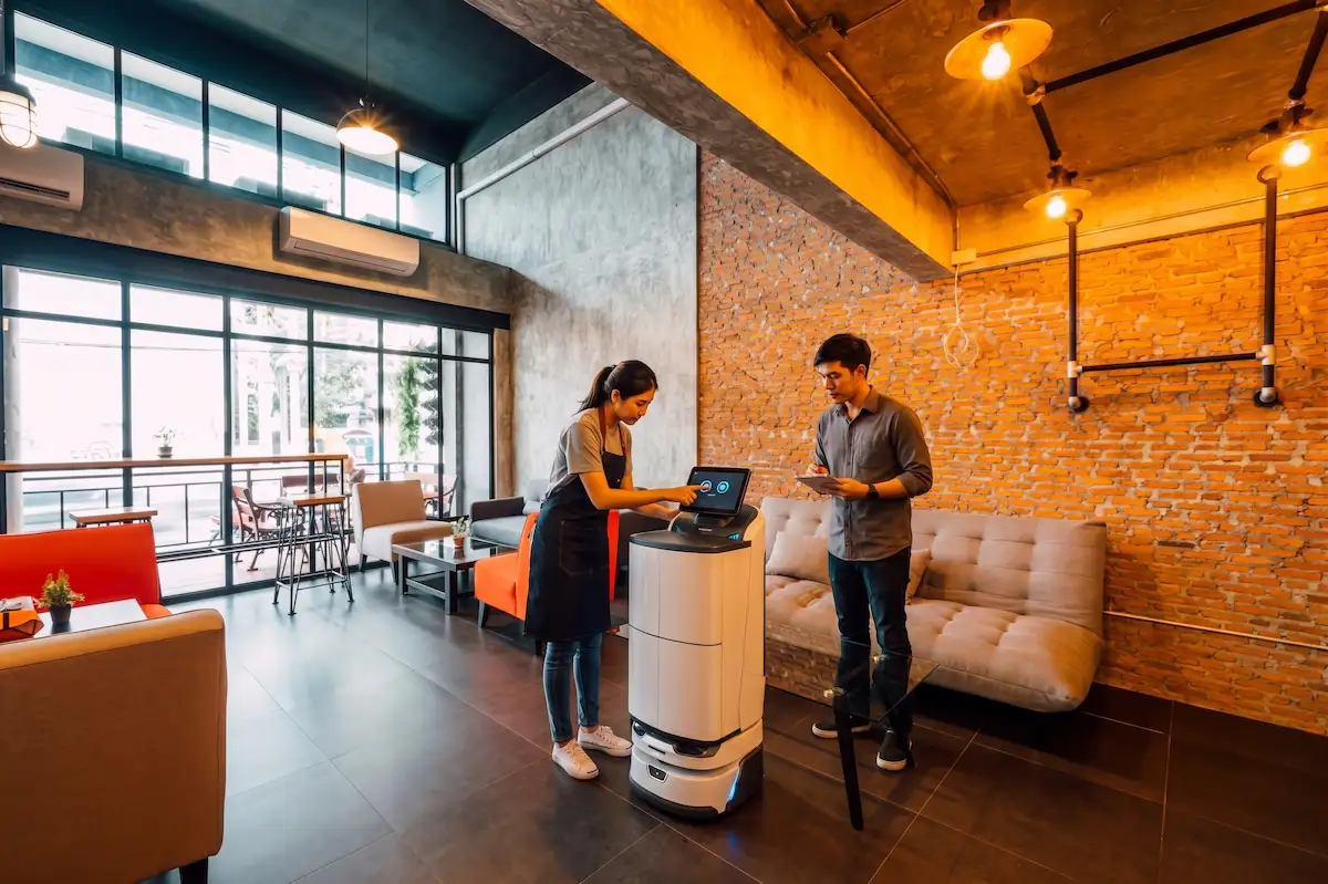 Dos personas configurando un robot de servicio en una cafetería