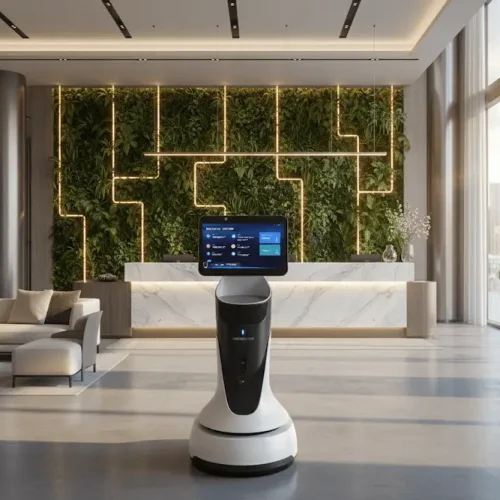 Robot recepcionista ChillBot MINI atendiendo en una recepción: robots para sanidad